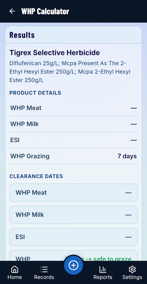 WHP calculator showing meat, milk, ESI and grazing clearance dates